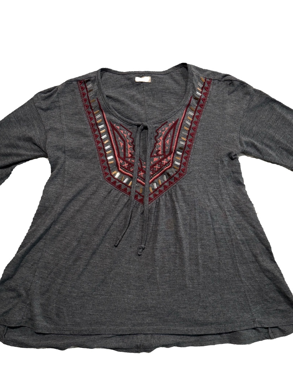 Hollister Charcoal Embroidered Tie-Front Tunic with Burgundy Accents